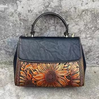 Женская кожаная сумка Johnature Sunflower Retro, большая вместимость, тисненая сумка, универсальные сумки через плечо чёрный