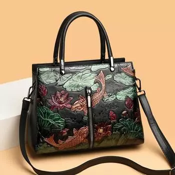 Женская кожаная сумка Johnature в национальном стиле, винтажная сумка большой вместимости, сумки ручной работы с тиснением на плече и через плечо чёрный