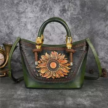 Женская кожаная сумка Johnature в стиле ретро с тиснением, расширенная универсальная сумка через плечо большой вместимости чёрный