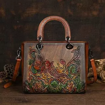 Женская кожаная сумка Johnature в стиле ретро с тиснением, универсальные сумки на плечо ручной работы в китайском стиле, большие вместительные сумки коричневый