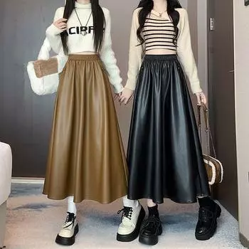 Женская кожаная юбка, осенне-зимняя однотонная юбка трапециевидной формы из искусственной кожи с эластичной резинкой на талии XL чёрный