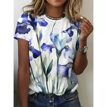 Женская красивая цветочная 3D-печатная футболка с коротким рукавом, топы с 3D-принтами, рубашка с круглым вырезом, летняя повседневная женская одежда XS