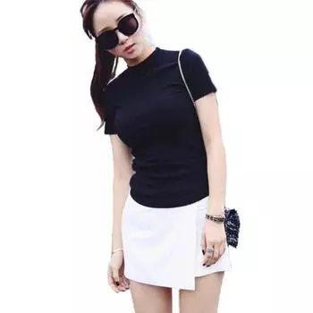 Женская красивая сексуальная водолазка, летняя футболка, топы, повседневная приталенная футболка с коротким рукавом L чёрный