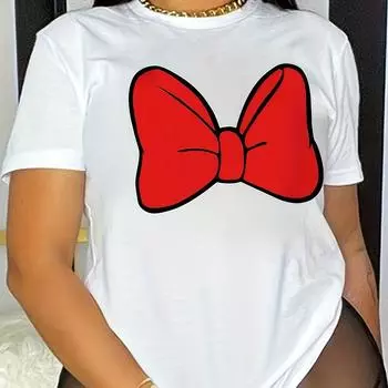 Женская красная футболка с бантом и круглым вырезом, летние футболки с короткими рукавами XS белый