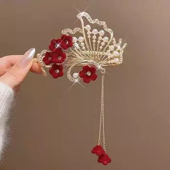 Женская красная кисточка с цветком, жемчуг, изысканная заколка-автомат для волос для женщин, рождественские заколки, зажим для волос, головной убор для невесты на Новый год