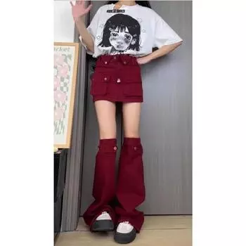 Женская красная юбка-карго А-силуэта в винтажном стиле Y2k, мини-юбка, прикрывающая ноги, юбка в стиле Харадзюку, корейская уличная одежда 2000-х годов, лето S красный