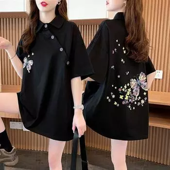 Женская красочная футболка с принтом бабочек, летняя в китайском стиле, косой воротник, свободный топ с длинными лацканами, простые элегантные блузки с заниженными рукавами для девочек M чёрный