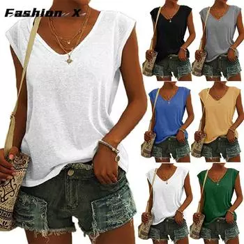 Женская красочная хлопковая однотонная свободная футболка с v-образным вырезом и рукавами S чёрный