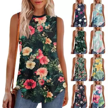 Женская круглая горловина с ретро-цветочным принтом жилет универсальный свободный подол без рукавов футболка топ L чёрный