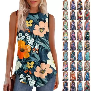 Женская круглая горловина с ретро-цветочным принтом жилет универсальный свободный подол без рукавов футболка топ M зелёный
