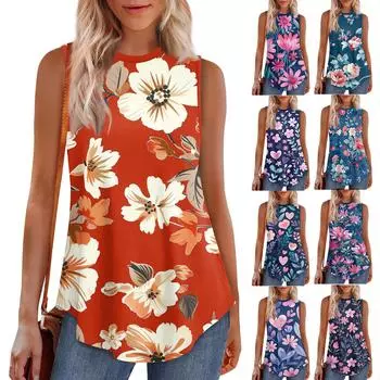 Женская круглая горловина с ретро-цветочным принтом жилет универсальный свободный подол без рукавов футболка топ L синий