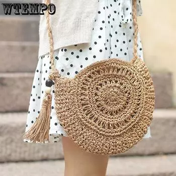 Женская круглая соломенная пляжная сумка, винтажная тканая сумка ручной работы, круглые сумки из ротанга с кисточками, богемные повседневные сумки для летних каникул 23*22*2cm