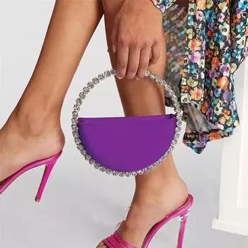 Женская круглая вечерняя сумка с бриллиантами, женская Fushia с круглой ручкой и стразами, клатч для ужина, женские сумки в форме полумесяца