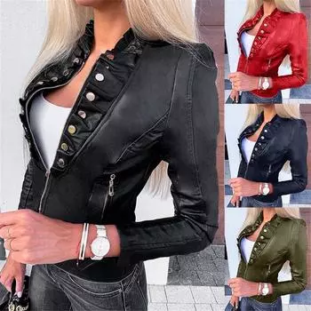 Женская крутая куртка из искусственной кожи с длинным рукавом на молнии, осенняя короткая куртка XXXXXL чёрный