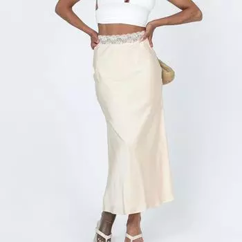 Женская кружевная атласная юбка с поясом, модная сексуальная эластичная длинная юбка на бедрах M бежевый