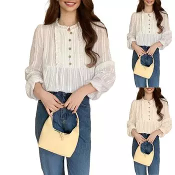 Женская кружевная блузка с длинным рукавом, туники, топы, рубашки L бежевый