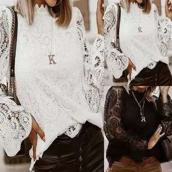 Женская кружевная блузка с длинным рукавом, женская повседневная футболка с рюшами и оборками, топы