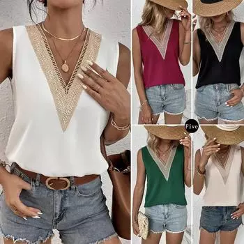 Женская кружевная блузка с V-образным вырезом, элегантная офисная женская блузка, летние блузки без рукавов XXL белый