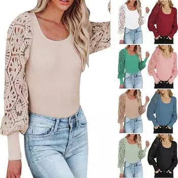 Женская кружевная футболка с длинным рукавом и круглым вырезом, модный пуловер в рубчик