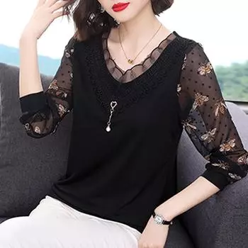 Женская кружевная футболка с длинными рукавами весна-осень 2023 года для женщин среднего возраста XLarge