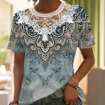 Женская кружевная футболка с короткими рукавами, одежда больших размеров 0XL синий