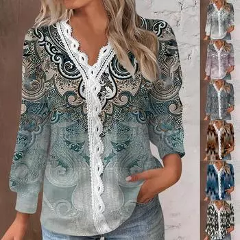 Женская кружевная футболка с V-образным вырезом и длинными рукавами, плиссированная футболка, модные топы, туника на пуговицах, женские деловые хлопковые повседневные рубашки L кофейный