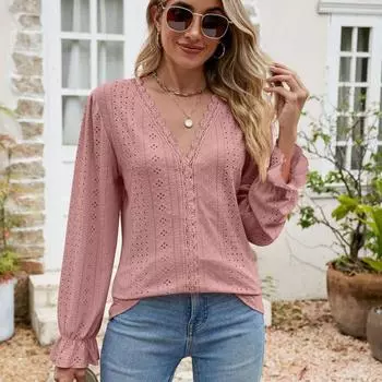 Женская кружевная футболка с V-образным вырезом и длинными рукавами на весну и осень S белый