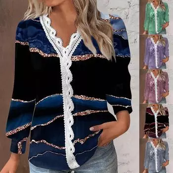 Женская кружевная футболка с V-образным вырезом и длинными рукавами, плиссированная футболка, модные топы, туника на пуговицах, женские деловые хлопковые повседневные рубашки L темно-синий