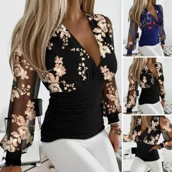 Женская кружевная лоскутная блузка с длинным рукавом, элегантная глубокая V-образная шея, облегающий пуловер, топ, офисная женская блузка с вышивкой и цветочным принтом S чёрный