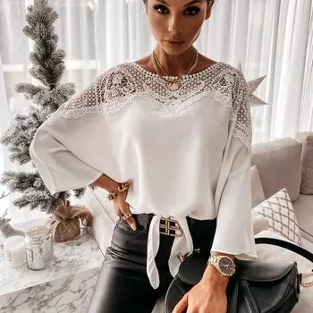 Женская кружевная лоскутная футболка с круглым вырезом и длинным рукавом, блузка, повседневные свободные топы S белый