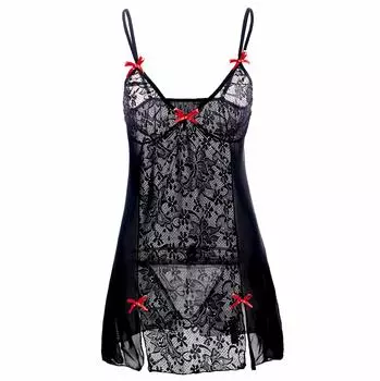 Женская кружевная лоскутная пижама, сексуальная соблазнительная ночная рубашка на подтяжках L чёрный