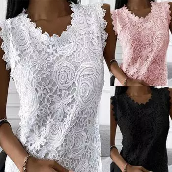 Женская кружевная майка без рукавов, женская летняя повседневная майка, блузка, футболка S белый