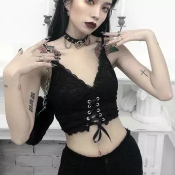 Женская кружевная майка, готический короткий жилет, бандажный камзол, укороченный топ без рукавов, бюстгальтер free size чёрный