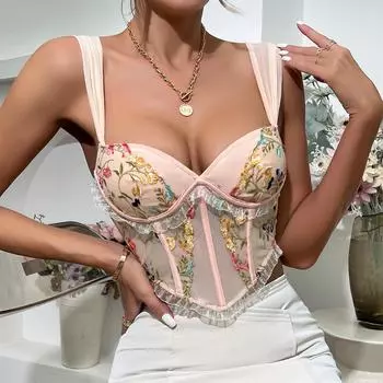 Женская кружевная майка с цветочной вышивкой, летняя модная уличная одежда, сексуальные топы на бретелях, повседневные праздничные французские винтажные тонкие майки S светло-розовый