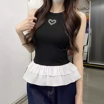 Женская кружевная майка с вышивкой сердечек, с круглым вырезом, без рукавов - Приталенный силуэт, летний стиль S Premium чёрный