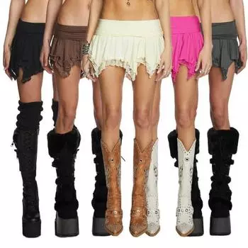 Женская кружевная мини-юбка с заниженной талией, асимметричным подолом и оборками, короткая юбка с сексуальной кружевной отделкой, однотонная струящаяся ретро-юбка в стиле феи S чёрный