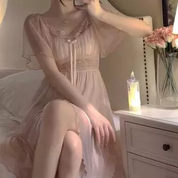 Женская кружевная ночная рубашка в стиле чистого желания с сетчатым галстуком и бантом Молодежная ночная рубашка с накладкой на груди Дышащая легкая удобная домашняя одежда для женщин M