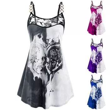 Женская кружевная отделка на шее с принтом черепа на бретельках на бретельках, повседневные готические рубашки без рукавов, большие размеры XXXL чёрный