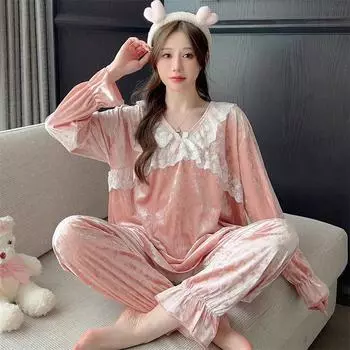 Женская кружевная пижама в стиле принцессы на осень-зиму, бархатная ночная рубашка, теплая велюровая домашняя одежда с длинными рукавами, комплект из двух предметов, одежда для сна M