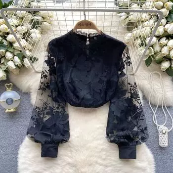 Женская кружевная прозрачная блузка с пышными рукавами, европейская и американская, высококачественный топ Sense, свободная, для похудения, универсальная, шикарная S чёрный