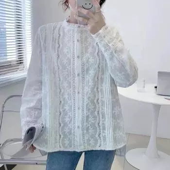 Женская кружевная рубашка с длинным рукавом и вырезом One Size белый