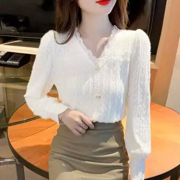 Женская кружевная рубашка с длинным рукавом – универсальный и элегантный топ на любой случай L белый
