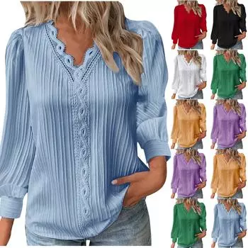 Женская кружевная рубашка с длинными рукавами и V-образным вырезом L чёрный