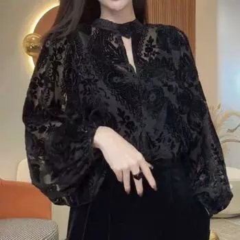 Женская кружевная рубашка с длинными рукавами, топ из сетчатой ткани с ажурным узором и антивозрастным эффектом XXXXXL чёрный
