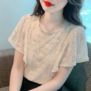 Женская кружевная рубашка с летающими рукавами, лето 2023, модная элегантная блузка с круглым вырезом, женские французские милые темпераментные тонкие топы 27630 S абрикосовый