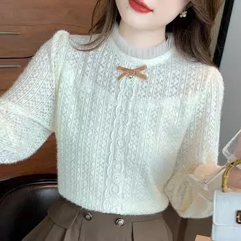 Женская кружевная рубашка с вырезом в виде листа лотоса, новая осенне-зимняя рубашка с рукавами-фонариками и бантом, изысканная французская рубашка S