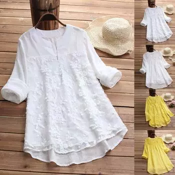 Женская кружевная рубашка с вышивкой и длинными рукавами, женская верхняя футболка XXXL жёлтый