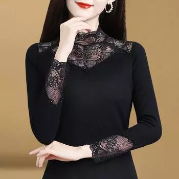 Женская кружевная рубашка с высоким воротом и новой черной футболкой, а также утолщенный сетчатый топ из бархата с длинными рукавами M
