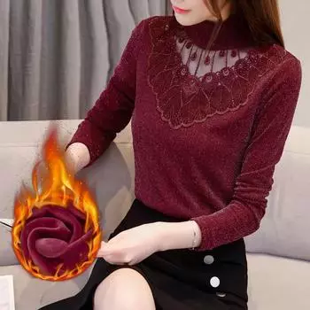 Женская кружевная сетчатая блузка с ромбами на осень-зиму, узкая теплая рубашка с длинными рукавами, элегантные винтажные однотонные топы с вырезами S чёрный