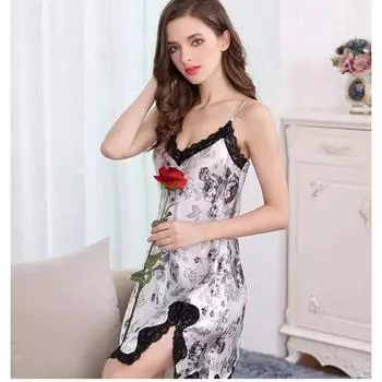 Женская кружевная шелковая ночная рубашка из натурального шелка M чёрный